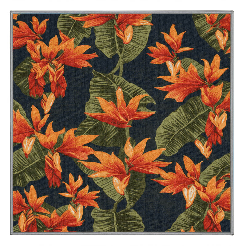 Machine Washable Botanical Brown Area Rug, Square 3'