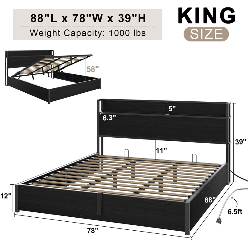 King Size Black MDF Lift Up Storage Bed Frame with Charging Station