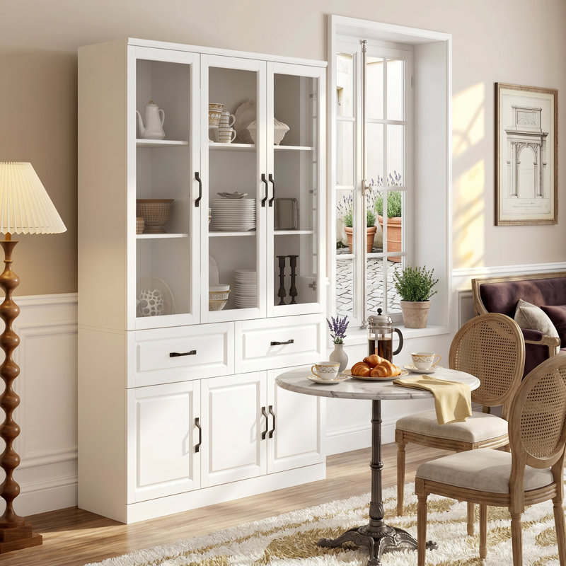 White Multifunctional Lacquered China Cabinet Dining Cabinet - Glass Door + 2 Drawers