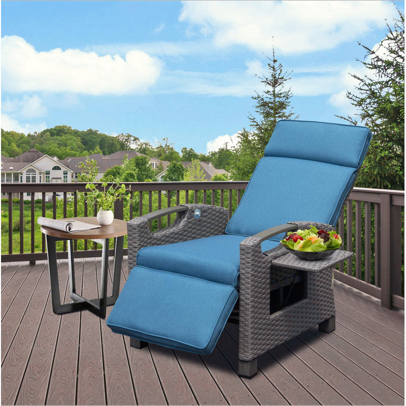 Outdoor Recliner Chair, Patio Recliner With Hand-Woven Wicker, Flip Table Push Back, Adjustable Angle, Thickness Cushions, Reclining Lounge Chair For Indoor And Outdoor