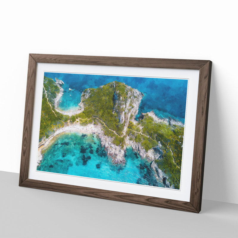 Island Paradise in Corfu Greece - Picture Frame Painting, 27cm H x 36cm W x 2cm D, Walnut