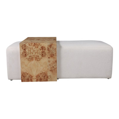 Stylish Long Upholstered Bench With Burl Wood Table Accent For Home Decor - Elegant Accent Bench For Bedroom, Dining Room, Or Living Room - 53", Ivory & Tan