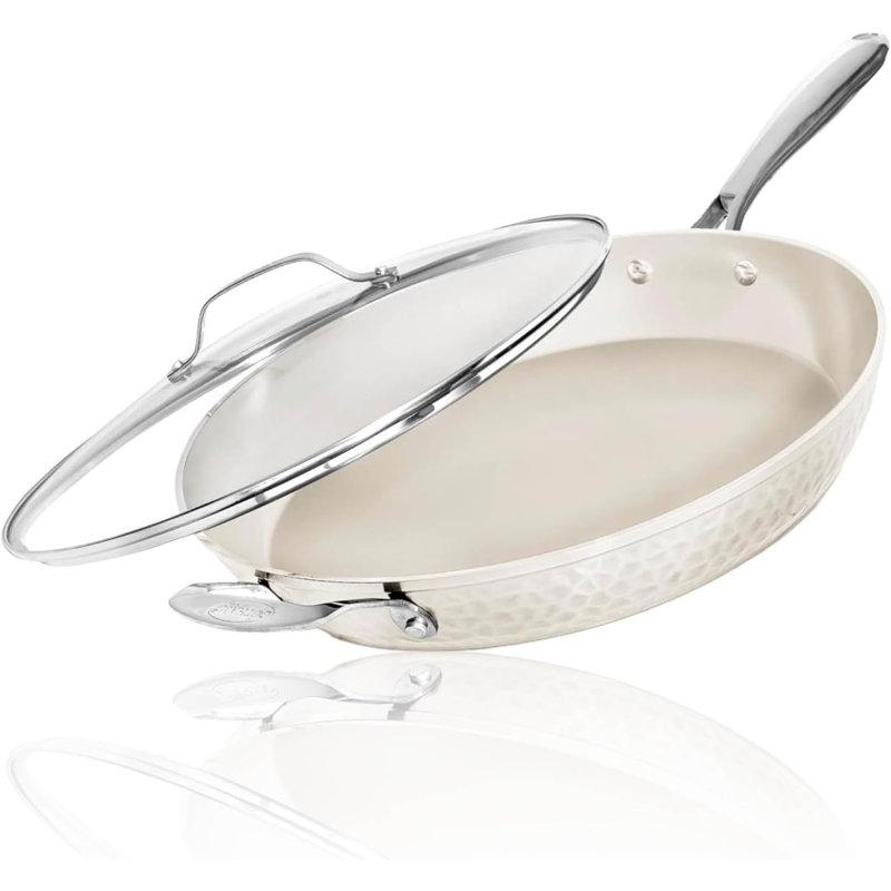 Gotham Steel Hammered Cream 10'' Ultra Ceramic Nonstick Fry Pan with Lid, 14"