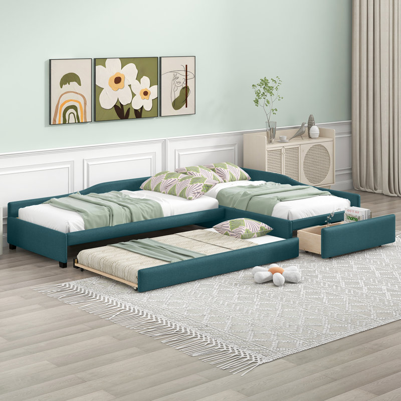 Upholstered L-Shape Double Twin Platform Beds With Trundle, Green