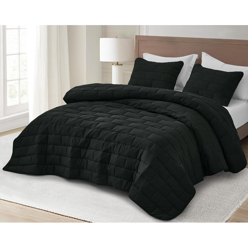 George 3-Piece Modern Textured Woven Jacquard Quilt Set, Black, Queen Quilt + 2 Standard Shams