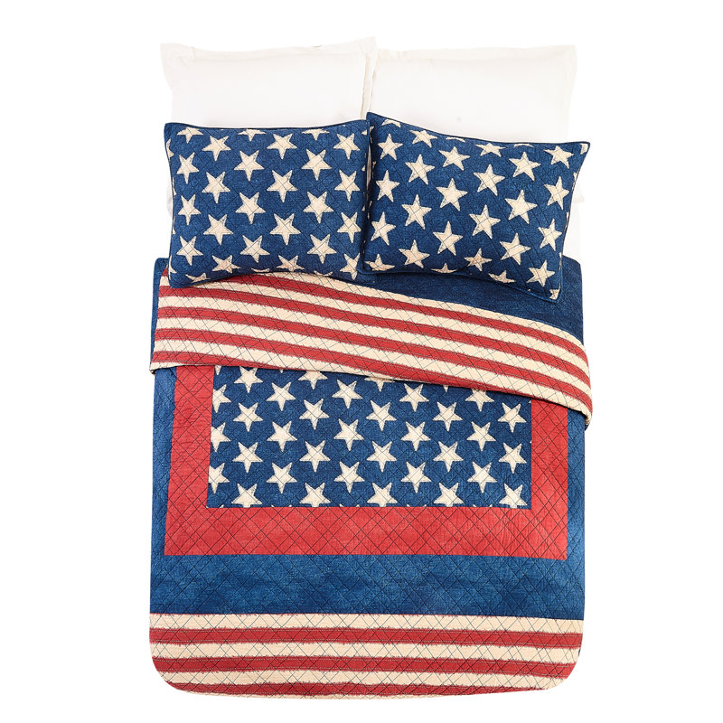 Americana Patchwork Blue and Red Cotton Full Quilt Set
