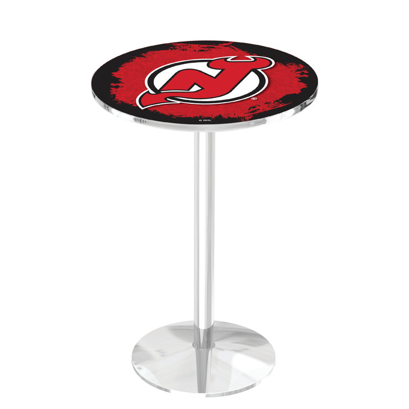 NHL Round Metal Base Dining Table, New Jersey Devils, Chrome