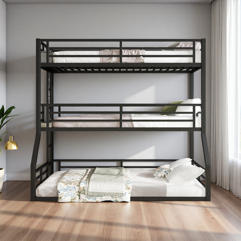 Bunk Bed, Metal Triple Bunk Bed With Safety Guardrails, Heavy-Duty Bunk Bed With Noise-Reduced Design, Black