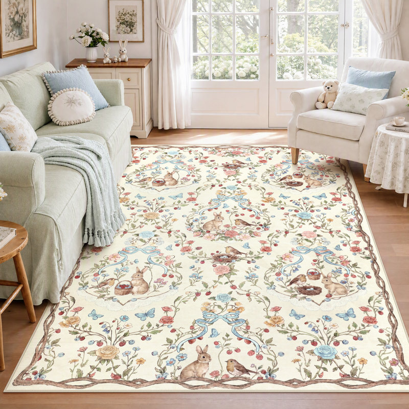 Tapis antidérapant de style forêt pastorale avec lapin et fleurs, en vison d'eau douce, Beige, Rectangle