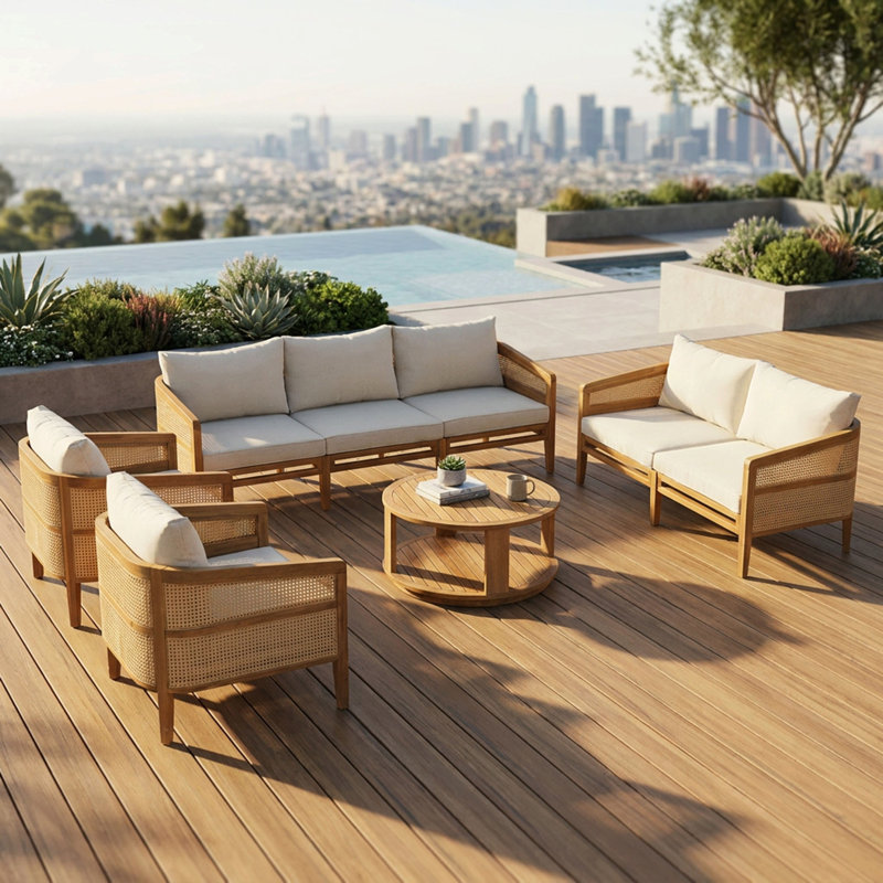 Ensemble de meubles de patio en rotin PE 5 pièces en bois d'acacia avec coussins pour piscine