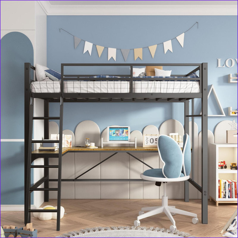 Twin Size Metal Loft Bed Frame with L-Shaped Desk &amp; Charging Station - 400lbs Capacity, No Box Spring, Black