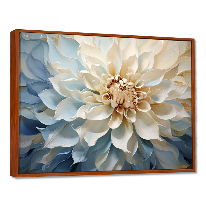 Blanc et bleu fleur de dahlia minimalisme - art mural dahlia, H 34 po x l 44 po x P 1,5 po, Cadre flottant brun