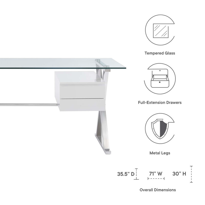Elegant 71" White Glass Desk with Floating Drawers & Steel Frame