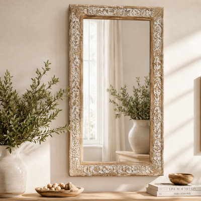 Rustic Solid Wood Wall Mirror-White Antique