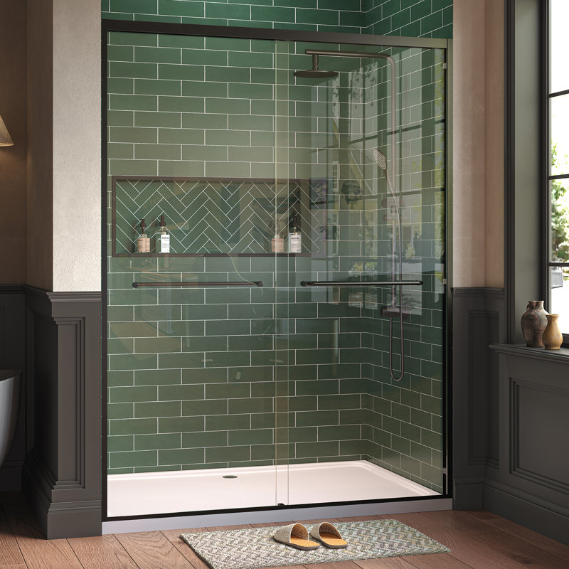 Shower Door 55-60 Inch Adjustable Width, 76 Inch Height x 1/4 Inch Tempered Glass, Black Frameless Sliding Bathroom Door, Black