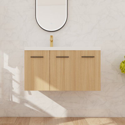 36'' Single Floating Bathroom Vanity with Resin Basin Sink Top, Wall Mounted Bathroom Vanity with 3 Doors and 1 Adjustable Shelf
