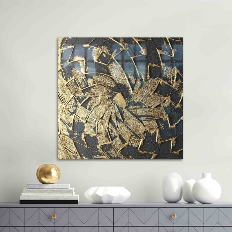 Art mural moderne abstrait en verre bleu et doré pour la décoration de la maison avec une finition chatoyante