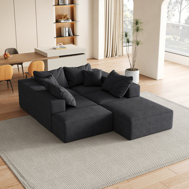 Ensemble de canapé modulaire rembourré moderne sans os, canapé modulaire en forme de L de 132 po avec 6 oreillers, Noir
