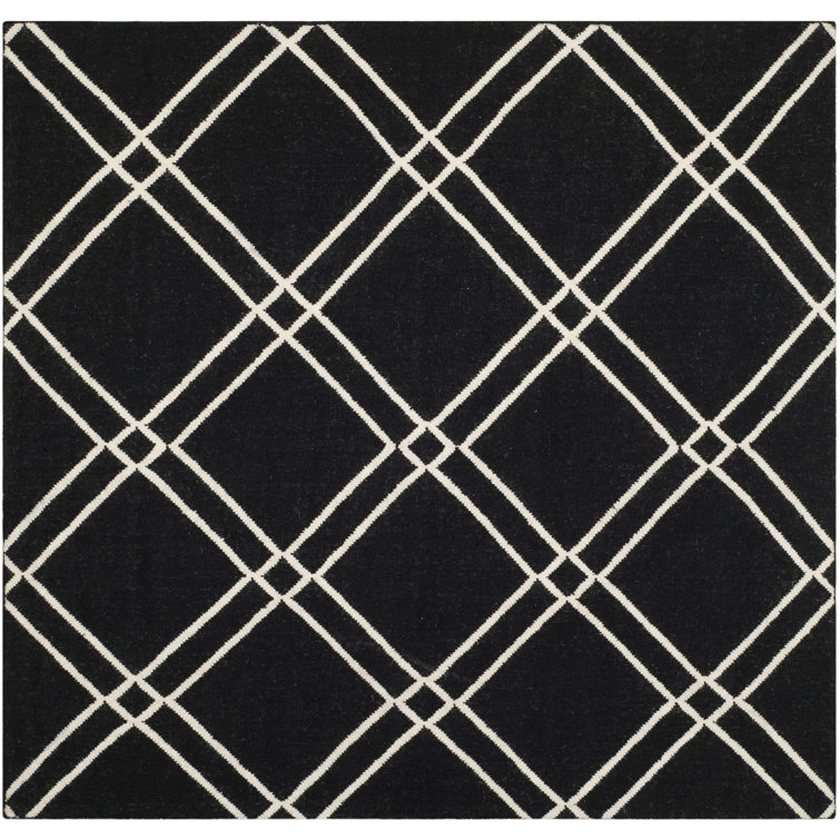 Rodgers Hand Woven Flat Weave Wool/Cotton Geometric Rug in Black/Ivory