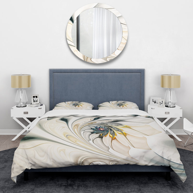 White Stained Glass Floral Art - Duvet Cover Set, King Duvet Cover + 2 King Shams