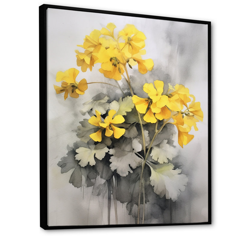 «Yellow and Grey Geraniums Bouquet I», reproduction sur toile, Cadre flottant noir, H 32 po x l 24 po x P 1 po