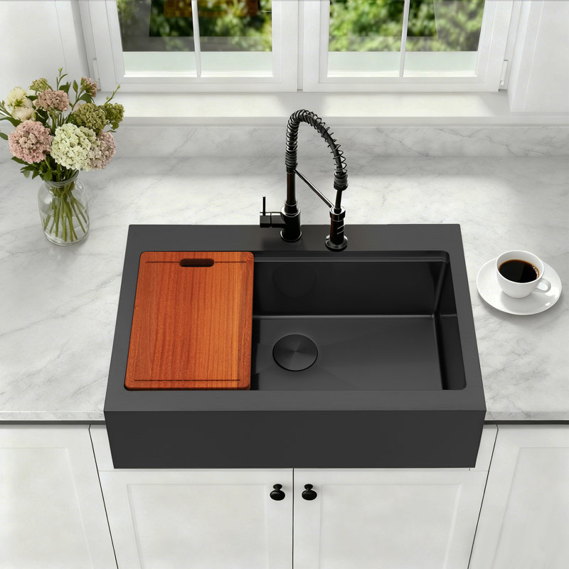 33" L x 22" W Workstation Black Farmhouse Apron Front Kitchen Sink 16 Gauge Stainless Steel Single Bowl With Accessories
