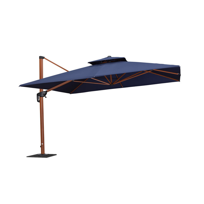 Parasol en porte-à-faux carré en bois de 132 po avec base en tôle d'acier, bleu marine, Bleu marine
