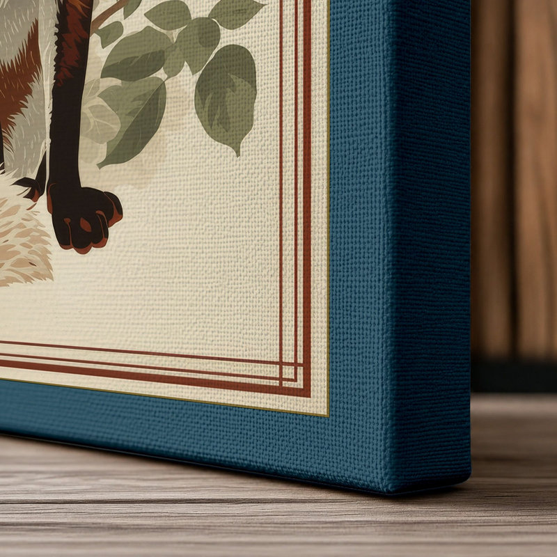 Sitting Fox with Flowers Japandi 1 Piece Wrapped Canvas Wall Art, 18x12 - 45.7 x 30.5 cm, Teal Border