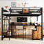 Lit mezzanine double en métal noir avec bureau intégré, rangements en tissu non tissé, structure robuste, échelles sécurisées dans les tiroirs, construction en acier pour un sommeil silencieux et facile à monter.