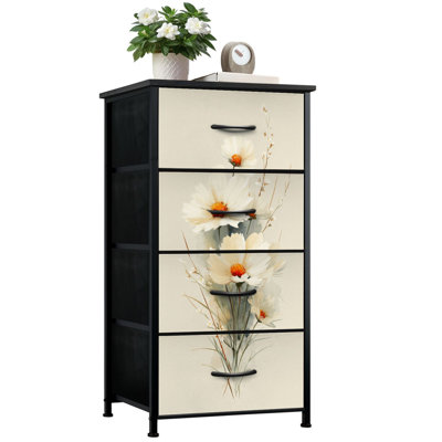 Dresser for Bedroom with 4 Storage Drawers Neutral Wildflower Landscape Farmhouse Aesthetic Wildflowers Daisies Dressers Chest of Drawers Steel Framed Fabric Closet Organizers for Dorm Entryway