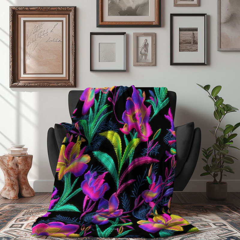 Vibrant broderie florale - 1 jeté Sherp Premium, Lit simple