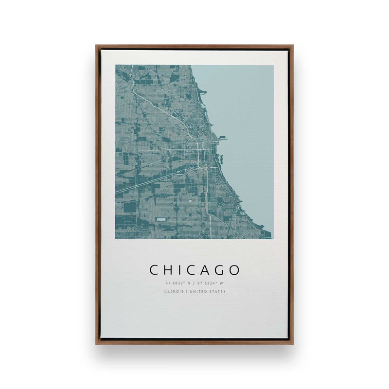 Chicago Street Map, reproduction d'art sur toile, 20 po x 30 po, Cadre flottant en noyer