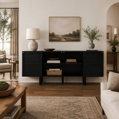 Buffet en bois de pin avec tablette incurvée à double couche, buffet de style Mid-Century avec texture ondulée verticale pour la salle à manger et la cuisine