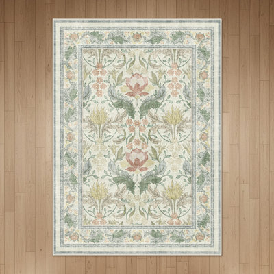 Bloom Floral Green/Beige Non-Slip Machine-Washable Area Rug