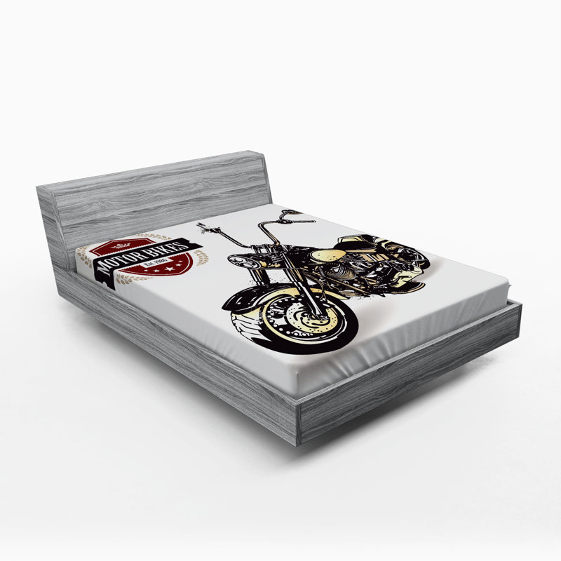 Full Size Black Microfiber Motorcycle Print Fitted Sheet