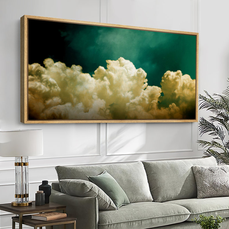 Golden Clouds against Emerald Sky Large Framed Canvas Print Wall Art - Dramatic Skyscape Decor, 30" H x 60" W, Natural