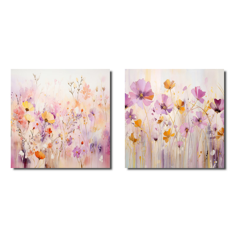 Mauve pétales tranquilles - ensemble de collage abstrait botanique carré de 2, H 36 po x l 73 po, Toile tendue