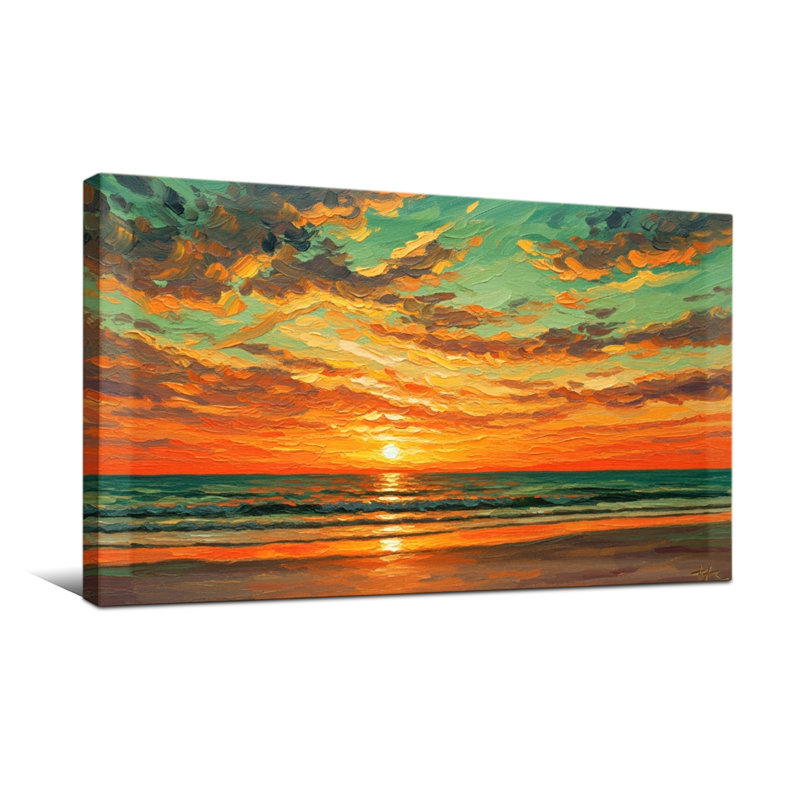 Nautique et plage, coucher de soleil, ciel, vagues océan, horizon, couleurs, art, H 20 po x l 40 po