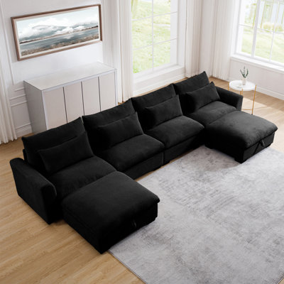 Grands canapés modulaires en velours côtelé en forme de U pour le salon, canapé 4 places avec 2 repose-pieds de rangement et 4 coussins de taille