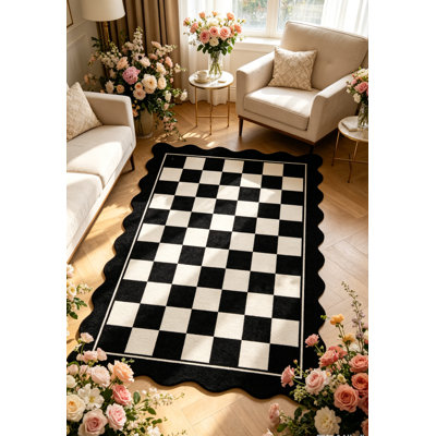 Scalloped Checkerboard Rug Outdoor Rug Easy Jute Area Rugs for Living Room Washable Front Door Mat Farmhouse Non Slip Carpet for Patio Backyard 