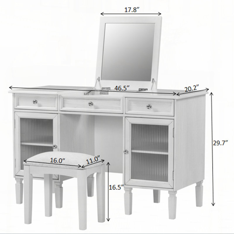 Ensemble de coiffeuse avec miroir rabattable, coiffeuse avec tiroir et armoire
