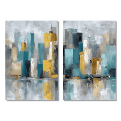 «Alyssha - New York City Wall Art For Living Room, Yellow Cityscape», reproduction sur toile 2 pièces