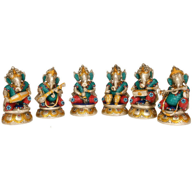 Ensemble de sculpture de 7 po Ganesha avec choti en laiton - Ensemble de six instruments de musique indiens fabriqués à la main