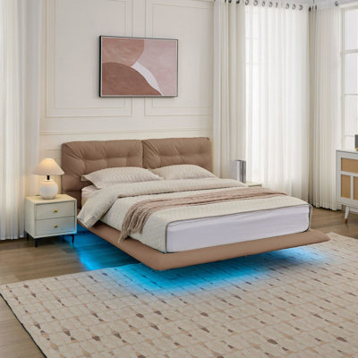 Cadre de lit flottant pour grand lit avec lumières à DEL, lit plateforme en cuir PU kaki, tête de lit à boutons, stable et tranquille, coin lecture confortable, six couleurs gérées à distance sans sommier, structure, facile
