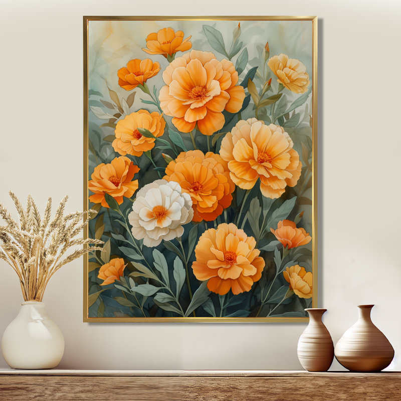 Orange orange, parfum, souci, jardin II - impression d'art mural souci, Encadrement argenté, H 12 po x l 20 po
