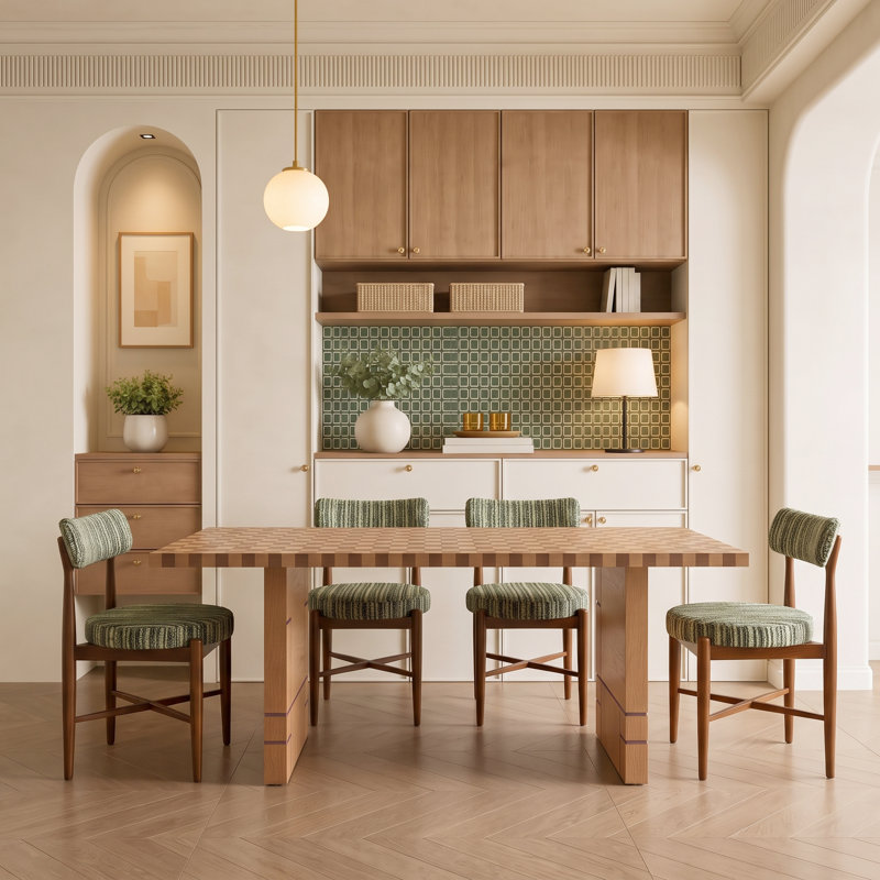 78.7" Modern Geometric Checkered Rectangular Dining Table with Double Pedestal Base