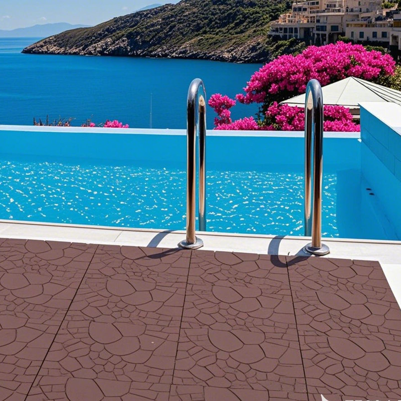 12'' L X 12'' W New Stone Texture Plastic Interlocking Deck Tile,44Pcs Included, Red Brown