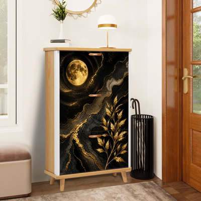 Minimalist Golden Moon Gold Leaf Abstract Design Black Branches Shoe Storage Cabinet with 3 Flip Drawers Freestanding Shoe Rack Organizer Space Saving Footwear Storage Furniture for Entryway Hallway Bedroom Small Apartment Home Use
