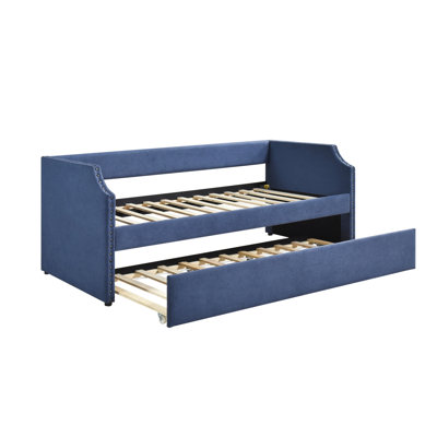 Modern Contemporary Daybed With Trundle Blue Textured Fabric Upholstered Wooden Furniture 1Pc, Daybed In A Box