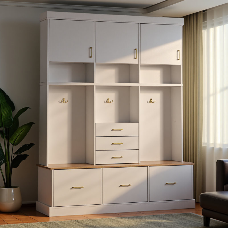 75'' H Entryway Hall Tree With Bench And Storage, 5-In-1 Modern Hall Tree With Coat Rack, 6 Drawers, 3 Cabinets And 3-Tier Top Storage For Hallway, Entryway, Living Room, Mudroom